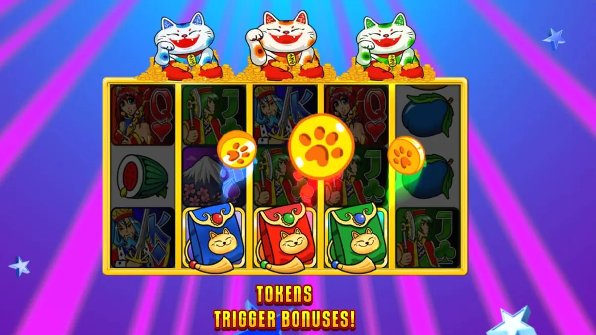Interface colorida do slot Super Graphics Upside Down com Lucky Cats