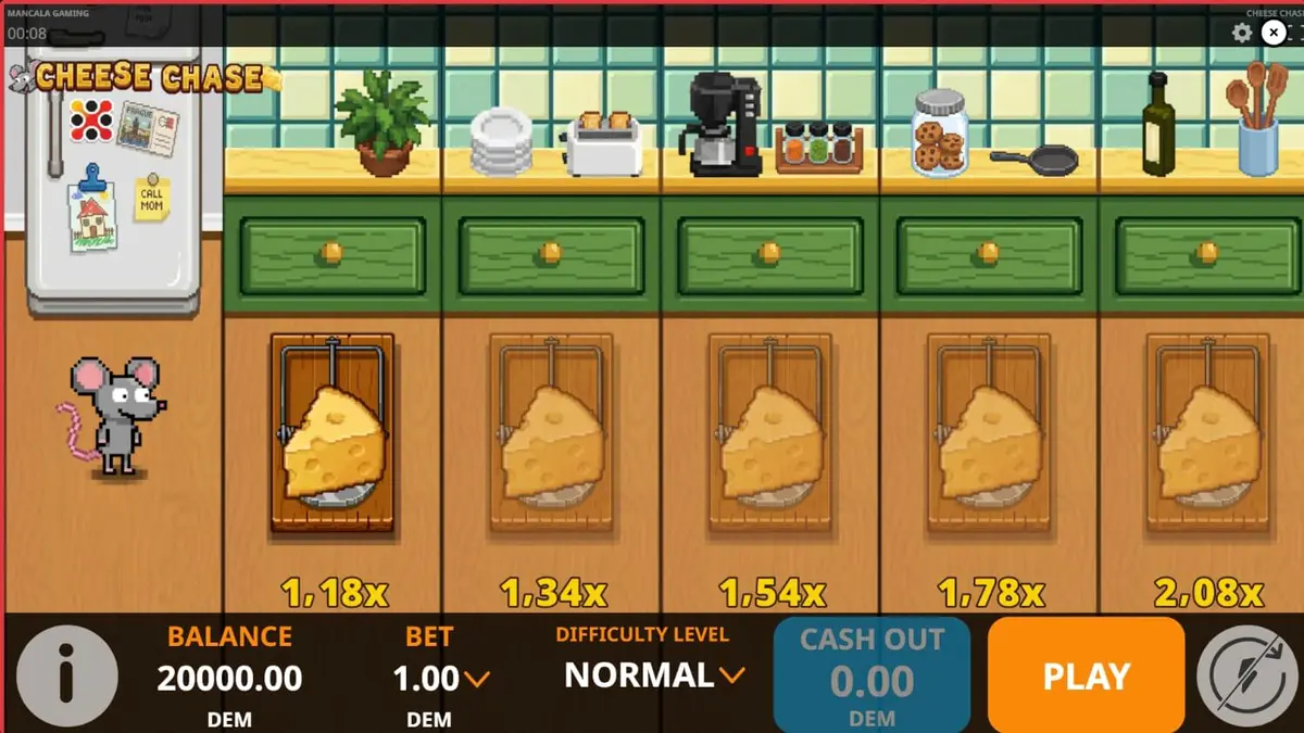 Interface de jogo do slot Cheese Chase com tema de cozinha retrô